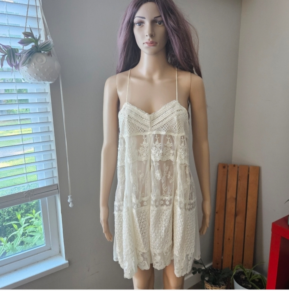 Kimchi Blue lace dress Small cream slip sheer beach cover night gown chemise